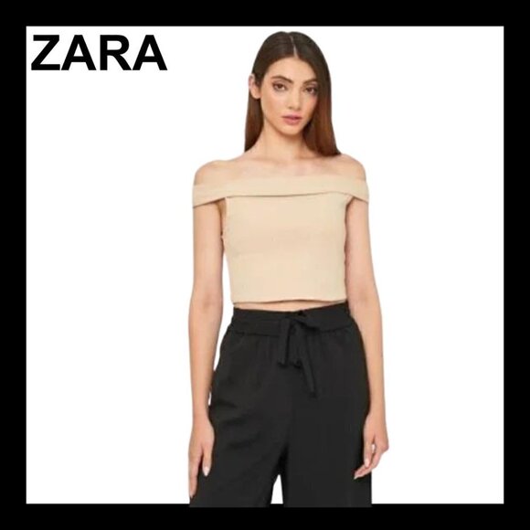 NWT ZARA Beige off shoulders  ribbed crop top - Picture 1 of 10